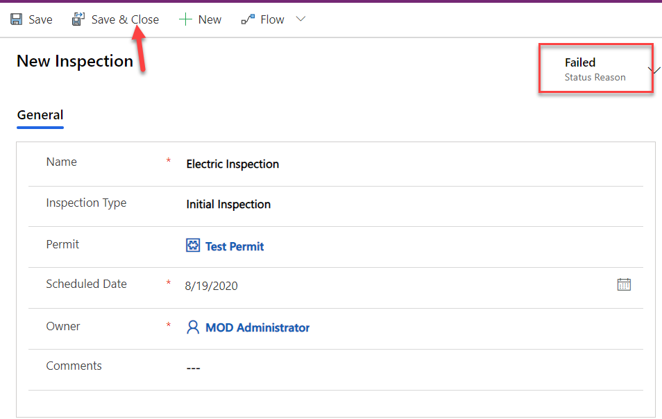 Save and close failed record - screenshot