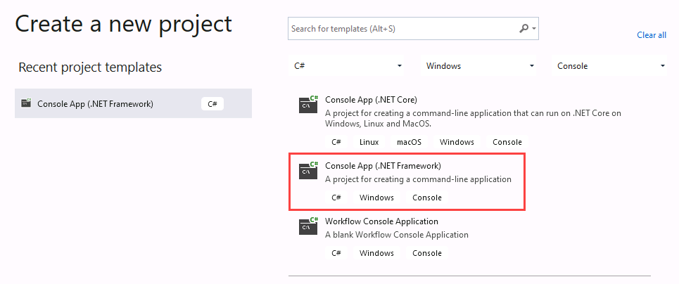 Visual Studio create project - screenshot