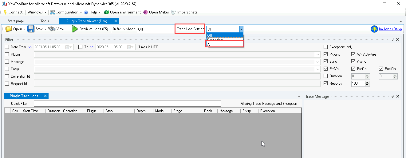 Enable trace logging - screenshot