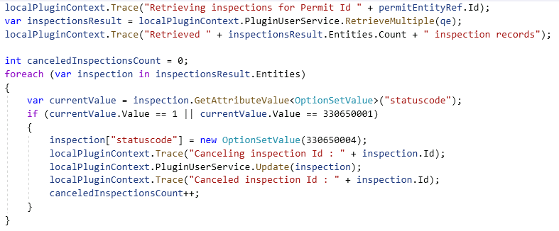 Foreach section of the execute plugin method - screenshot