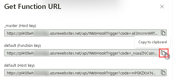 Copy function URL - screenshot