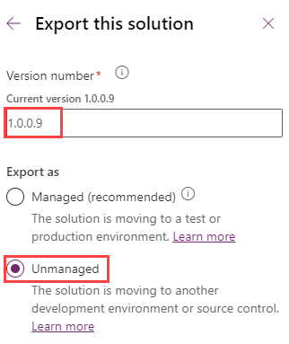 Export unmanaged solution - screenshot