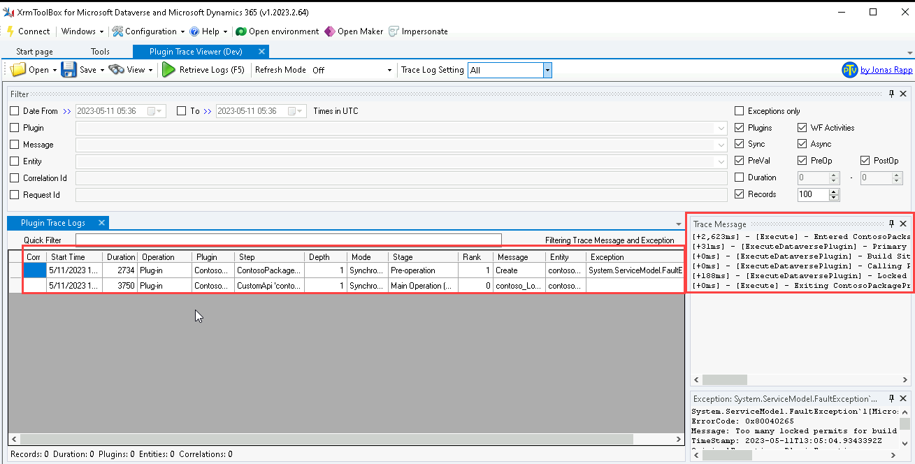 Plug-in trace logs list - screenshot