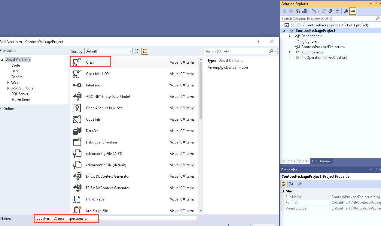 Add class to Visual Studio - screenshot