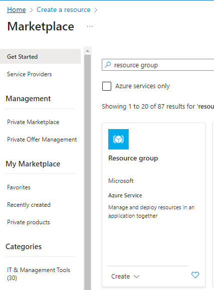 Azure Marketplace resource group - screenshot