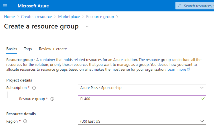 Create resource group - screenshot