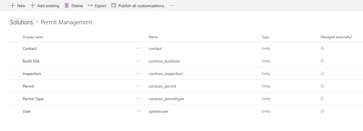 Screen image of grid displaying tables contained in the permit management solution.