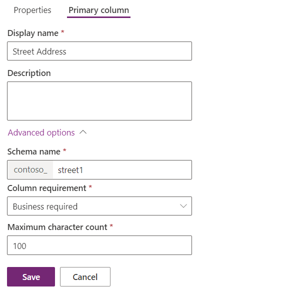 Primary Column properties - screenshot