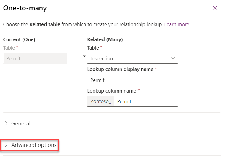 Relationship advanced options - screenshot