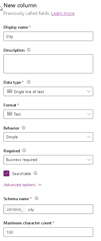 Column properties - screenshot