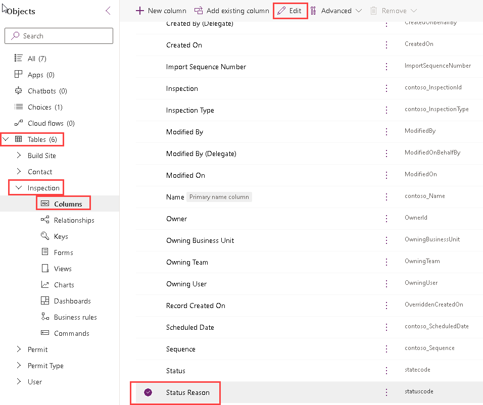 Status Reason column on Inspections table- screenshot