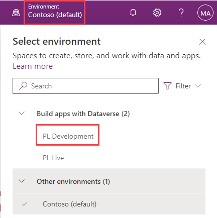 Select Development environment in the Power Apps Maker portal.