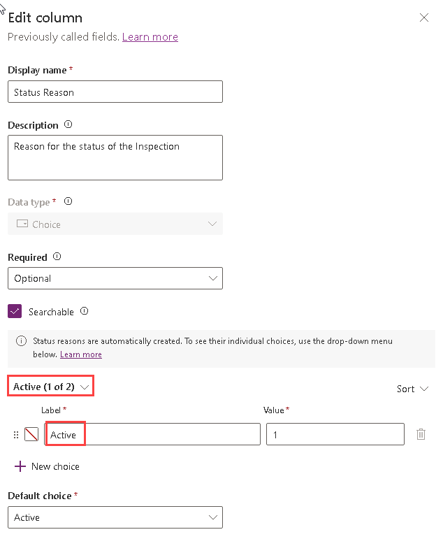 Status Reason labels on Inspections table- screenshot