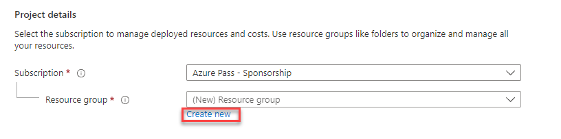 Screenshot showing the create resource dialog with a red rectangle around the create resource group button