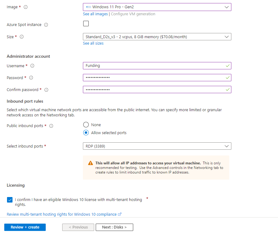 Screenshot showing the create new virtual machine resource dialog