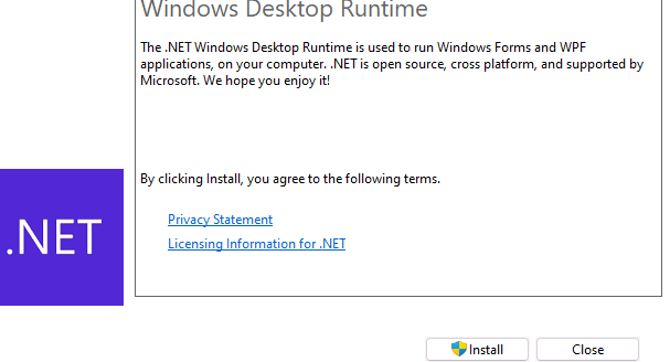 Screenshot showing the .NET Windows desktop runtime installation wizard