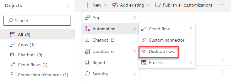 Select +New, Automation - Desktop flow