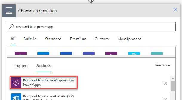 search for and select the Respond to a PowerApp or flow action