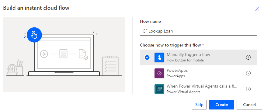 Name the flow and select manual trigger