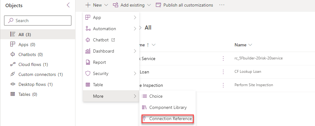 in the solution select new connection reference