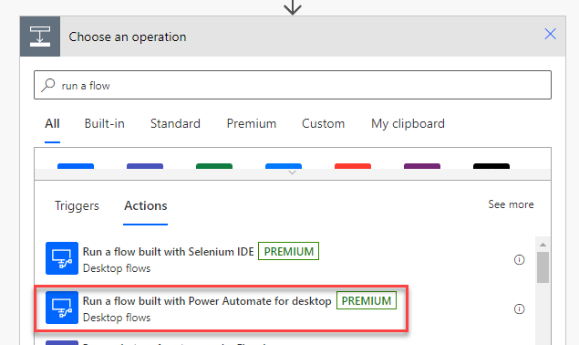 search for and select Run a flow built with Power Automate for desktop