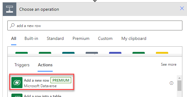 search for and select Add a new row action