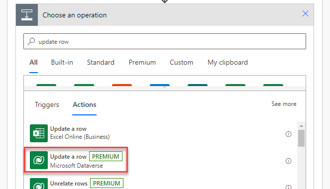 search for an select Update a row Microsoft Dataverse