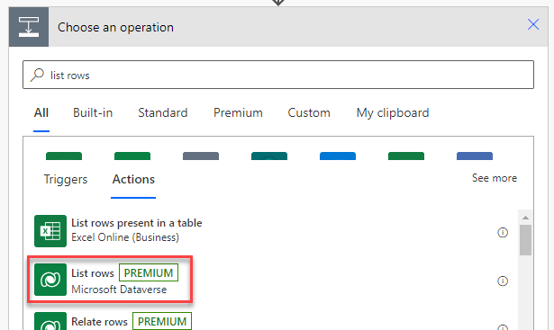 search for and select List rows for Microsoft Dataverse