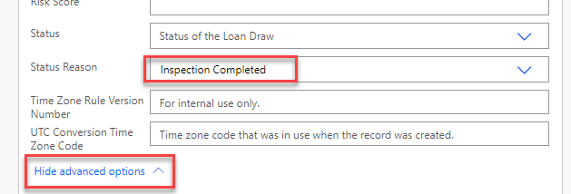 input status reason and hide advanced options