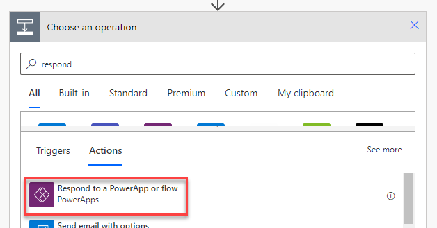 search for and select Respond to PowerApp or flow