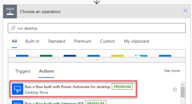 Search for and select the Run a flow built with Power Automate for desktop action