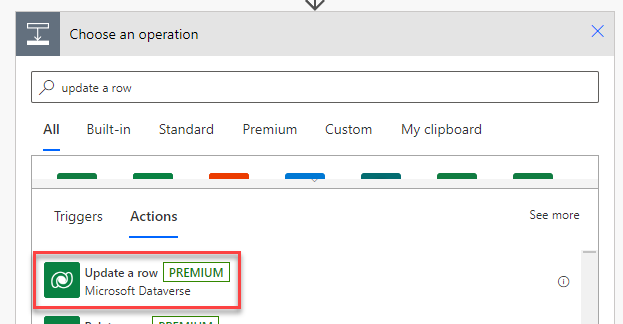 select update a row for Dataverse