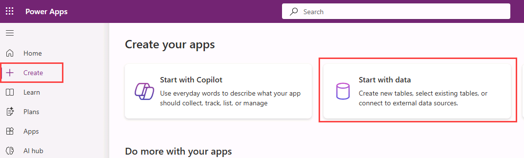 Screenshot von der Kachel „Mit Daten beginnen“.