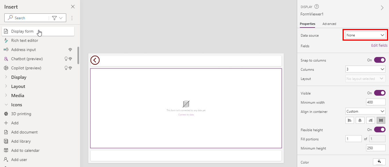 Captura de pantalla de la adición de un formulario para mostrar.