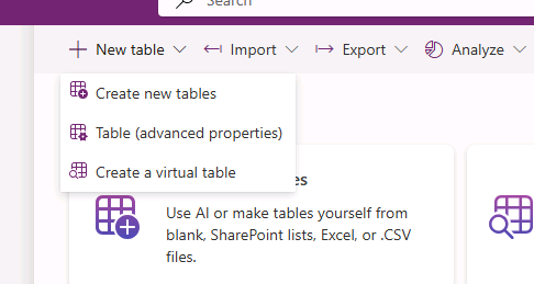 Captura de pantalla de la creación de una nueva tabla en Dataverse