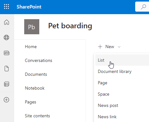 新しい SharePoint リストのスクリーンショット。