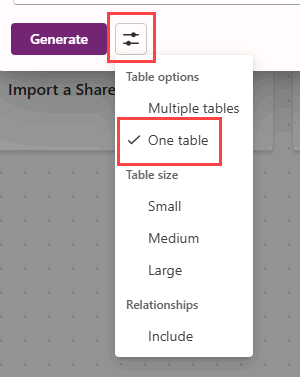 Captura de tela das opções da tabela do Copilot.