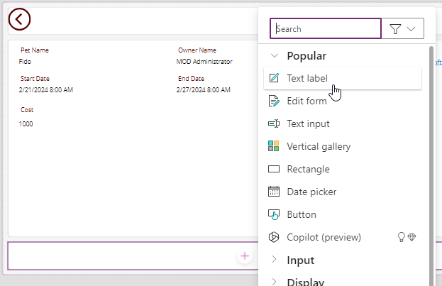 Screenshot of adding a control to the container.