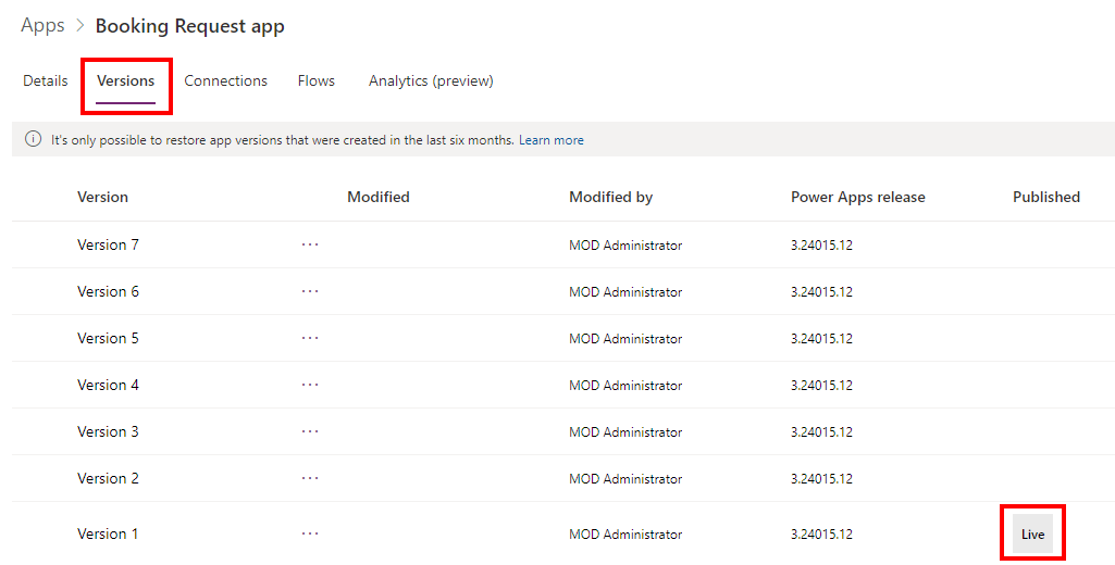 Screenshot of app versions.