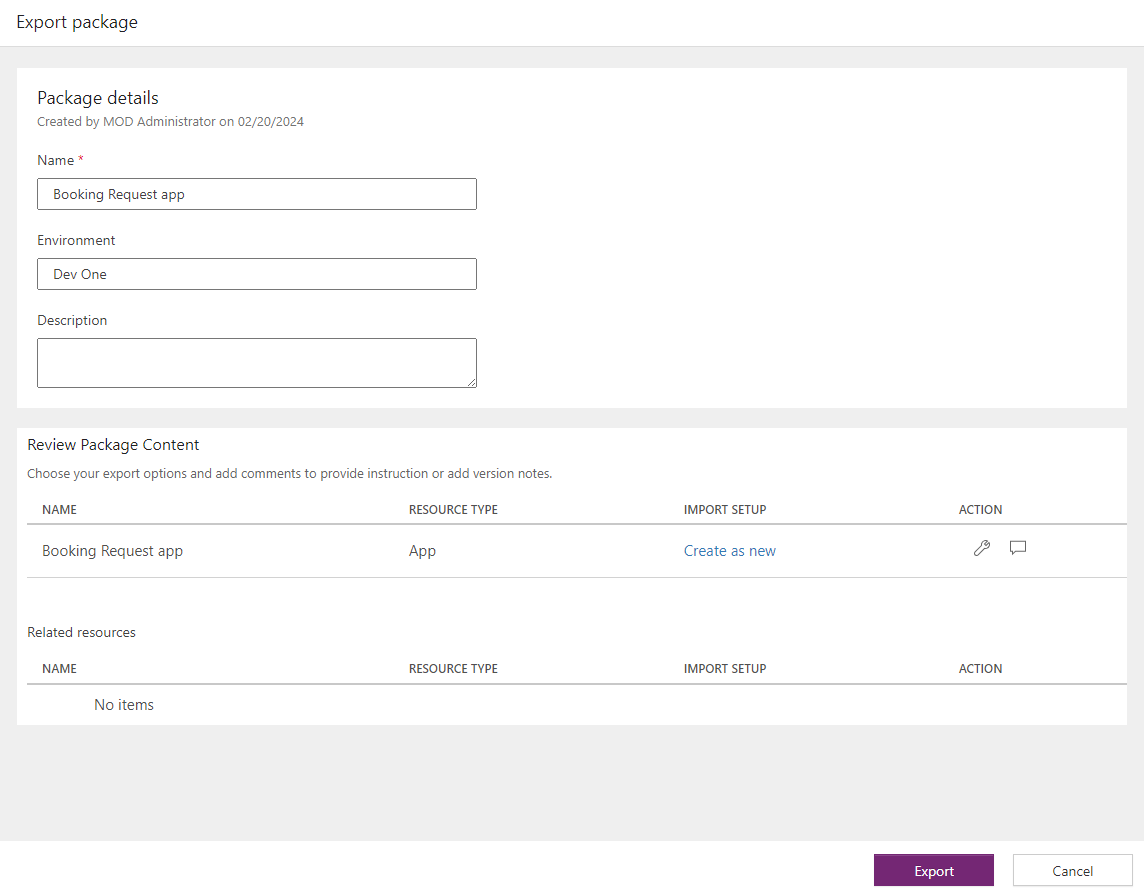 Screenshot of export app page.