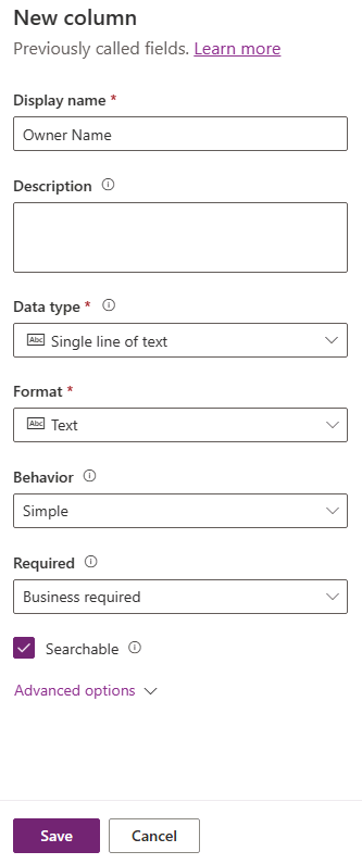 Screenshot of new column pane.