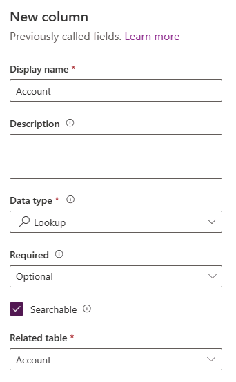 Screenshot of new lookup column pane.