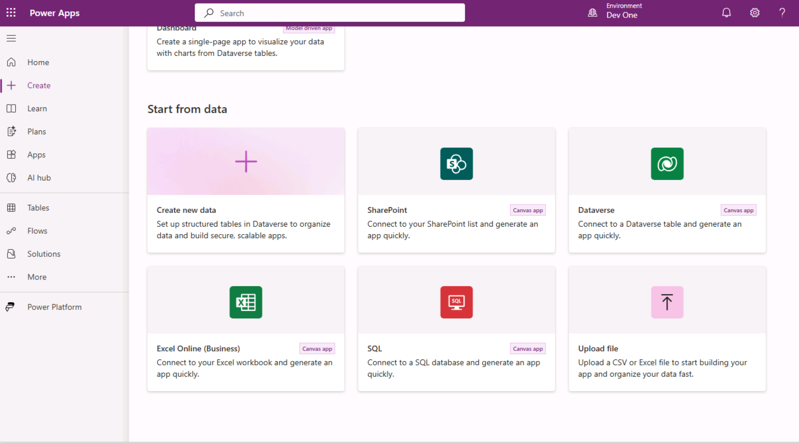 Screenshot of Start from data tile.