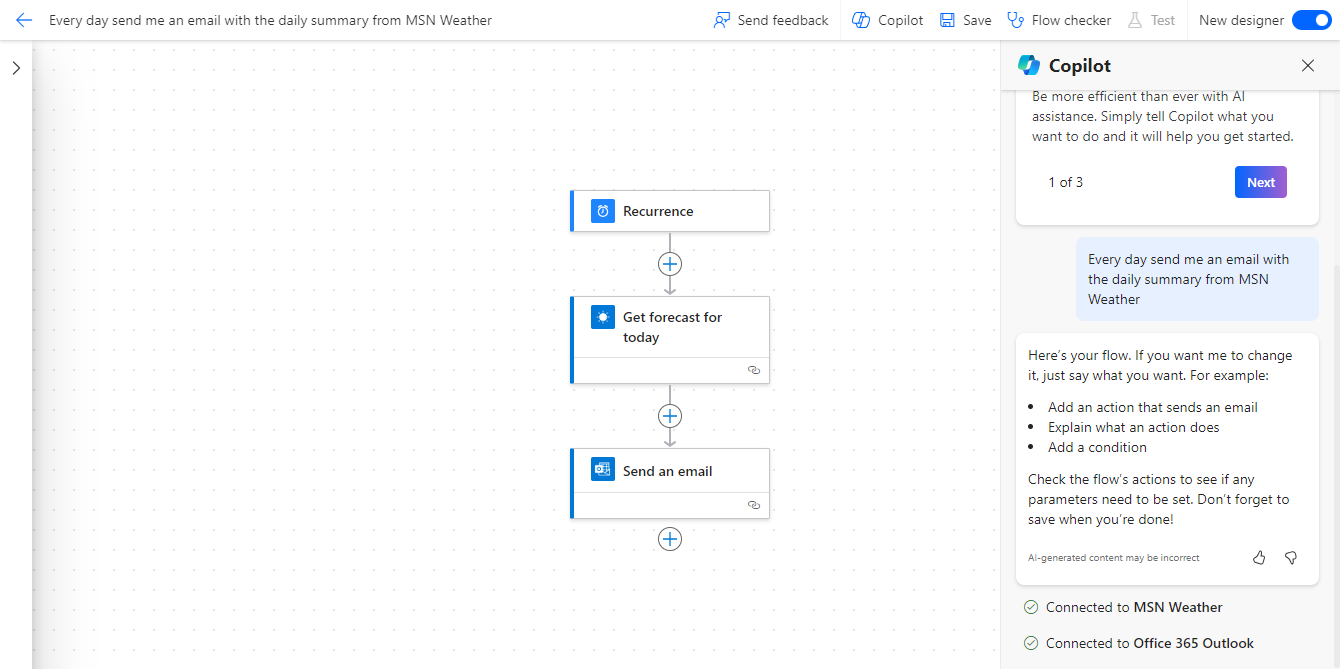 Screenshot des von Copilot erstellten Flows