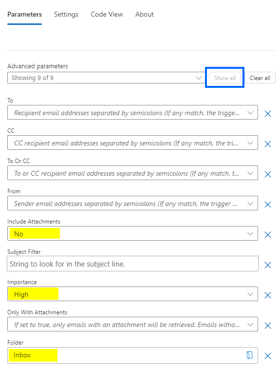 Screenshot des Dialogfelds „Automatisierter Flow“ für E-Mail-Triggerparameter