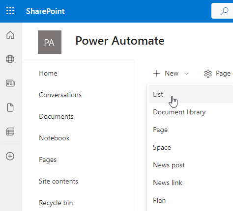 新しい SharePoint リストのスクリーンショット。