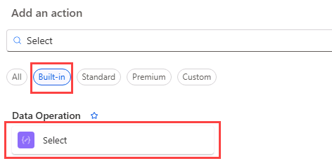 Screenshot searching for Select action.