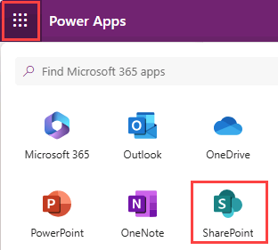 Screenshot of app launcher to start SharePoint.