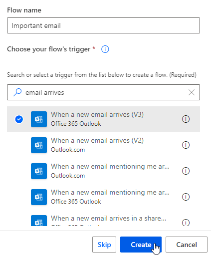 Screenshot of build an automated flow dialog.