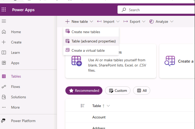 Screenshot of creating a new table in Dataverse.